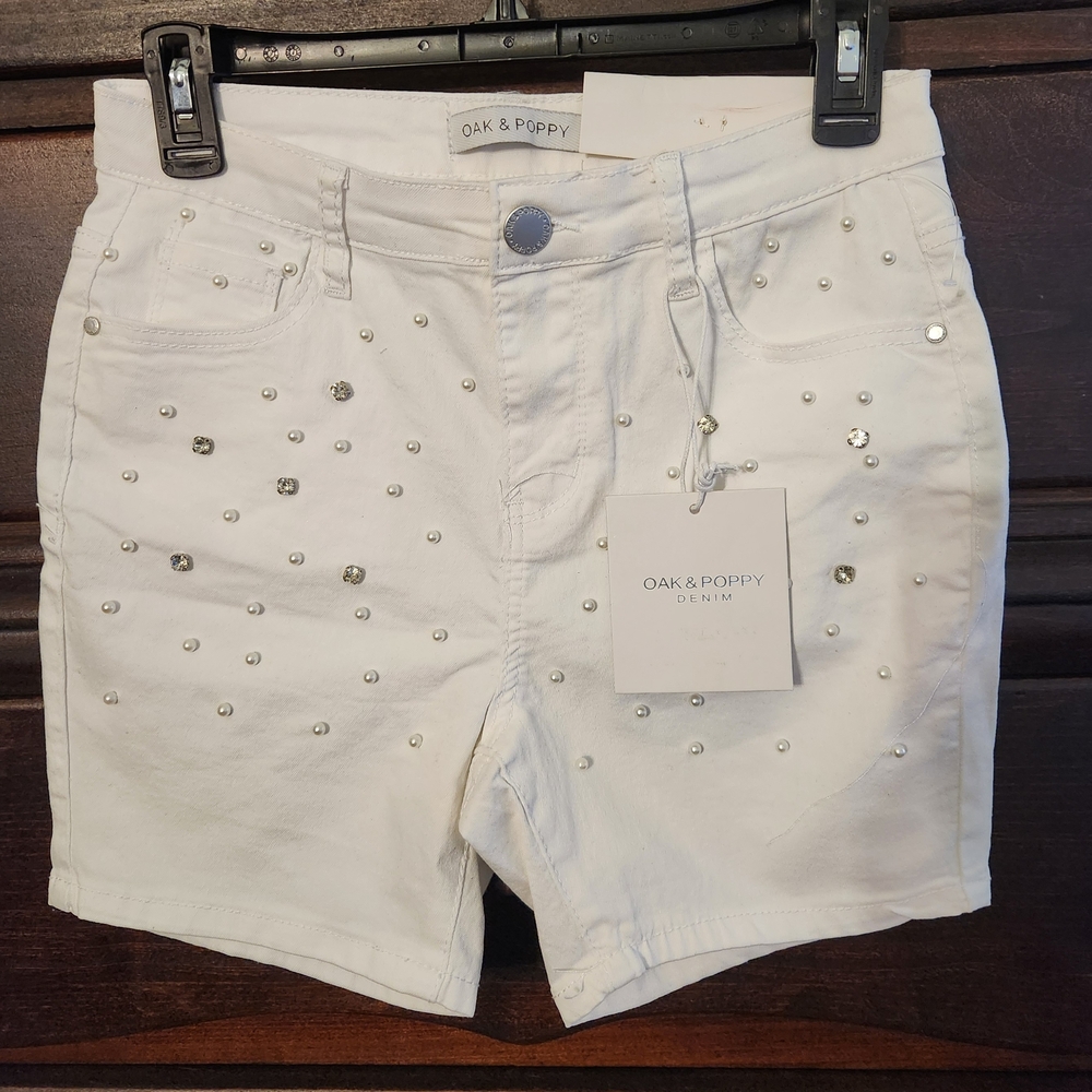 White Embellished Jean Shorts